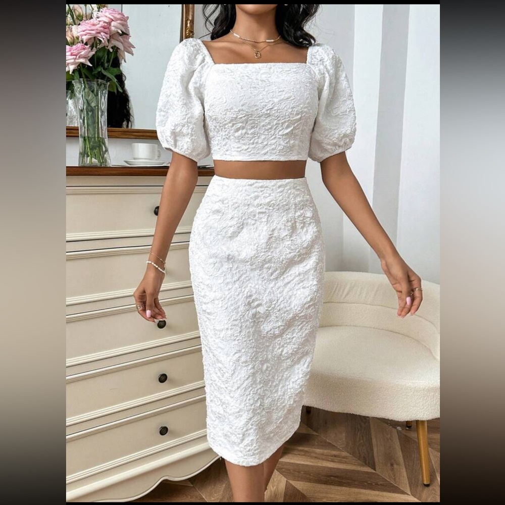 SHEIN Privé Jacquard Square Neck Puff Sleeve Crop Top & Skirt white new set - Picture 2 of 5